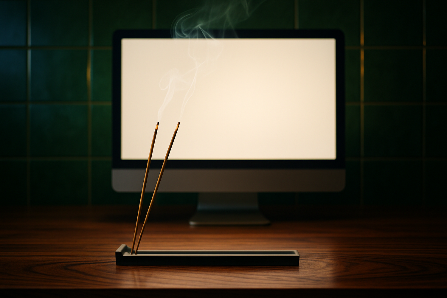 incense sticks burning in front of a computer screen. the computer screen is on a desk that is stained dark wood and the walls are green reflective tiles. the incense stick is burning in a minimal, sleep holder